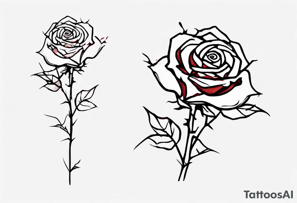 a one-line rose, add some splattered red blood and thorns, small, with stem, very simple, with the name Jesus written in the stem tattoo idea