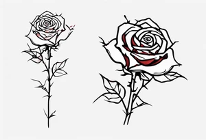 a one-line rose, add some splattered red blood and thorns, small, with stem, very simple, with the name Jesus written in the stem tattoo idea