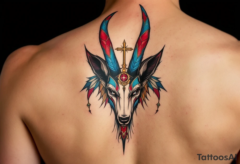 An Anubis with a Halo - Blending Egyptian mythology with Christian spirituality (only red , blue and black are possible colors) tattoo idea