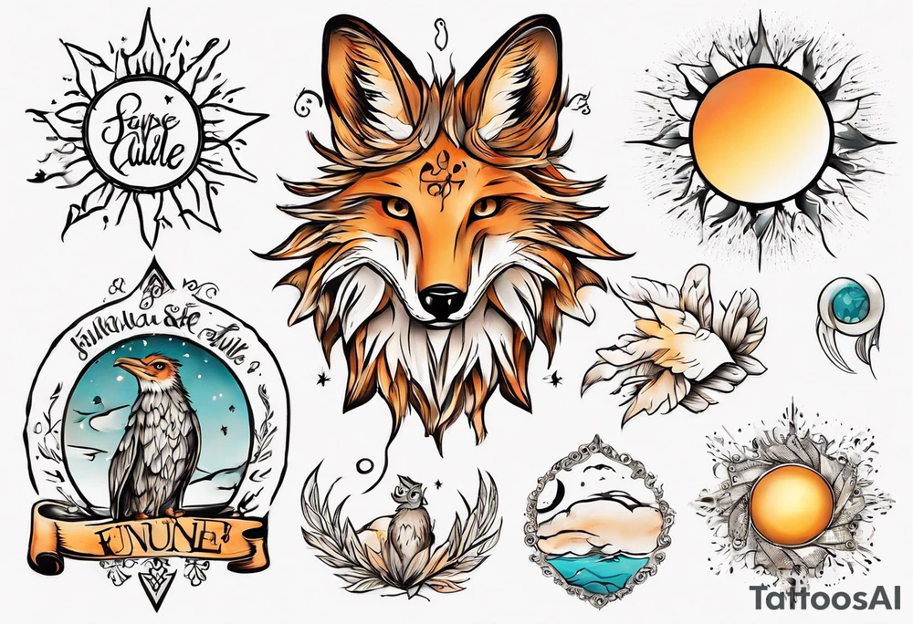 Fuchs und Eule unter der Sonne mit dem Schriftzug Sapere Aude tattoo idea