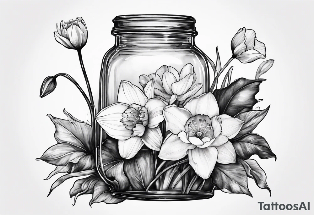 A daffodil a water lily and a morning glory in a jar tattoo idea