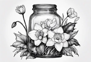 A daffodil a water lily and a morning glory in a jar tattoo idea