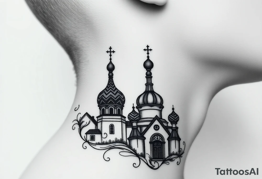 Flowing Scene

A onion domes orthodox church
Virgin Mary in prayer pose wrapping around the lower neck curve
A small double headed russian coat of arms eagle or just the star tucked above the dome near the hairline tattoo idea