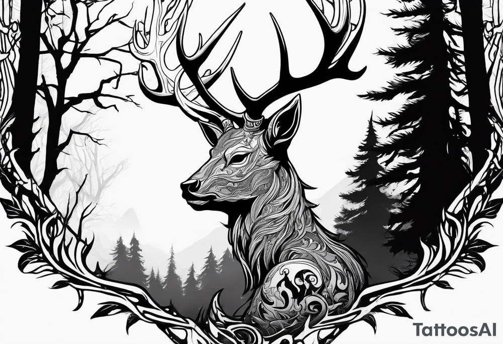 A spooky dead NO SKIN accurate wendigo side profile surrounded by a forest fire in background tattoo idea