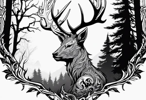 A spooky dead NO SKIN accurate wendigo side profile surrounded by a forest fire in background tattoo idea