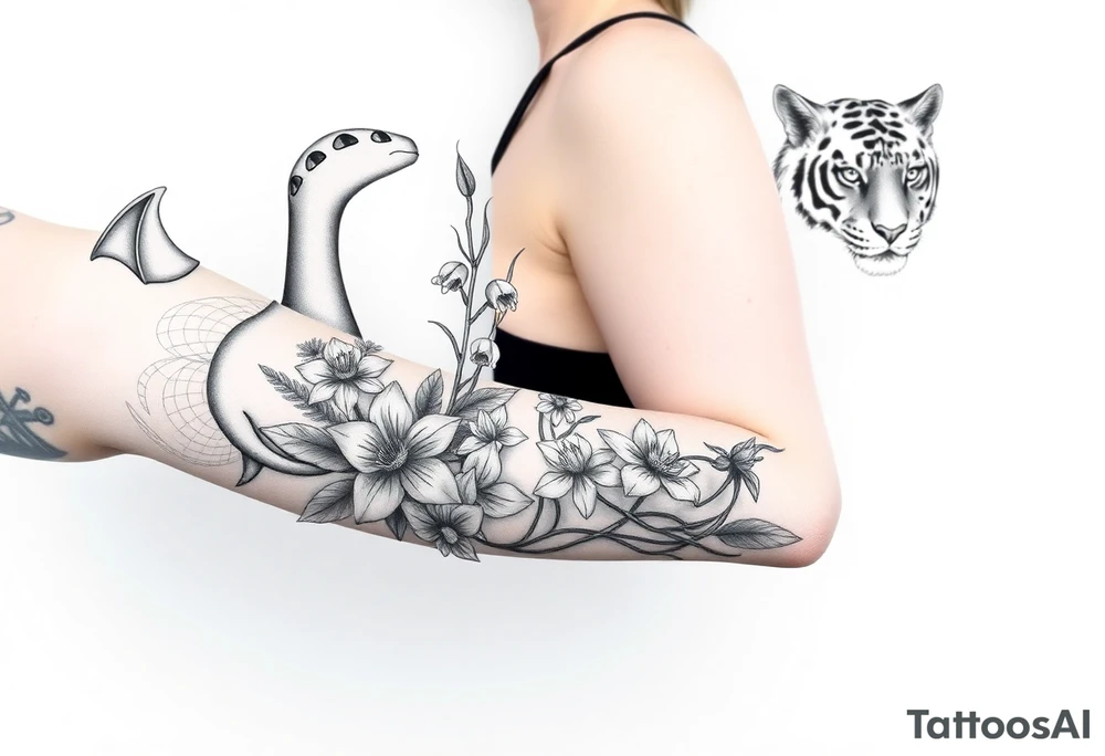 Create an arm tattoo from elbow to shoulder that includes the pokemon charizard, 1 lily of the valley with 3 daffodils, a tiger, and a basketball jersey with the number 0. tattoo idea