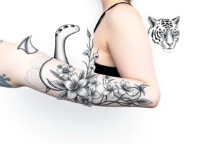 Create an arm tattoo from elbow to shoulder that includes the pokemon charizard, 1 lily of the valley with 3 daffodils, a tiger, and a basketball jersey with the number 0. tattoo idea