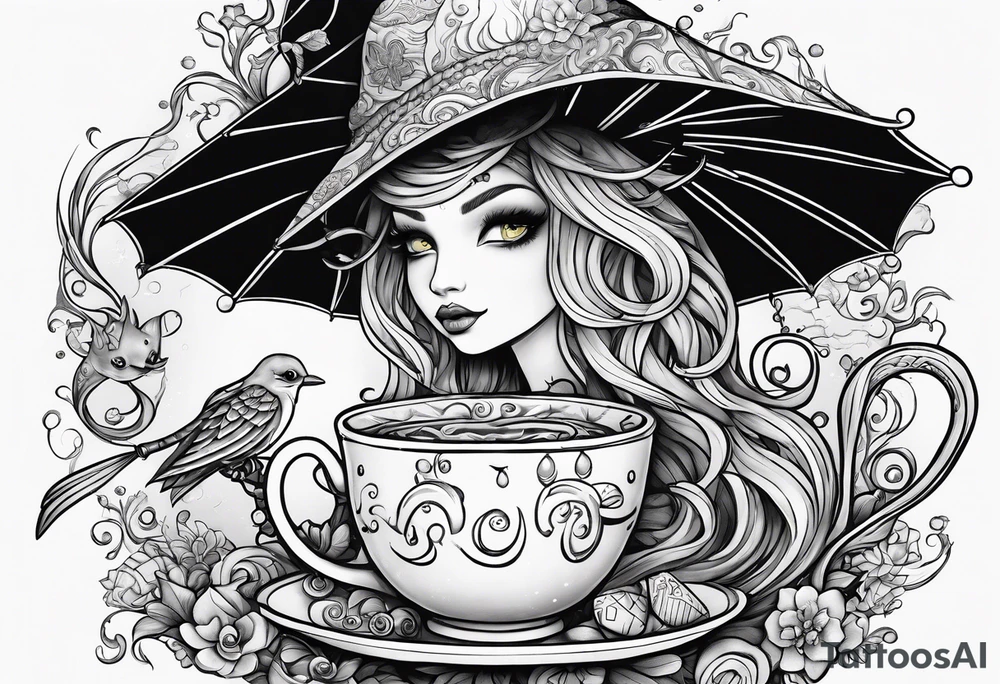 a sea witch with tentacles holding an umbrella and a teacup with a yellow bird chasing a gingerbread boy tattoo idea