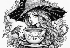 a sea witch with tentacles holding an umbrella and a teacup with a yellow bird chasing a gingerbread boy tattoo idea