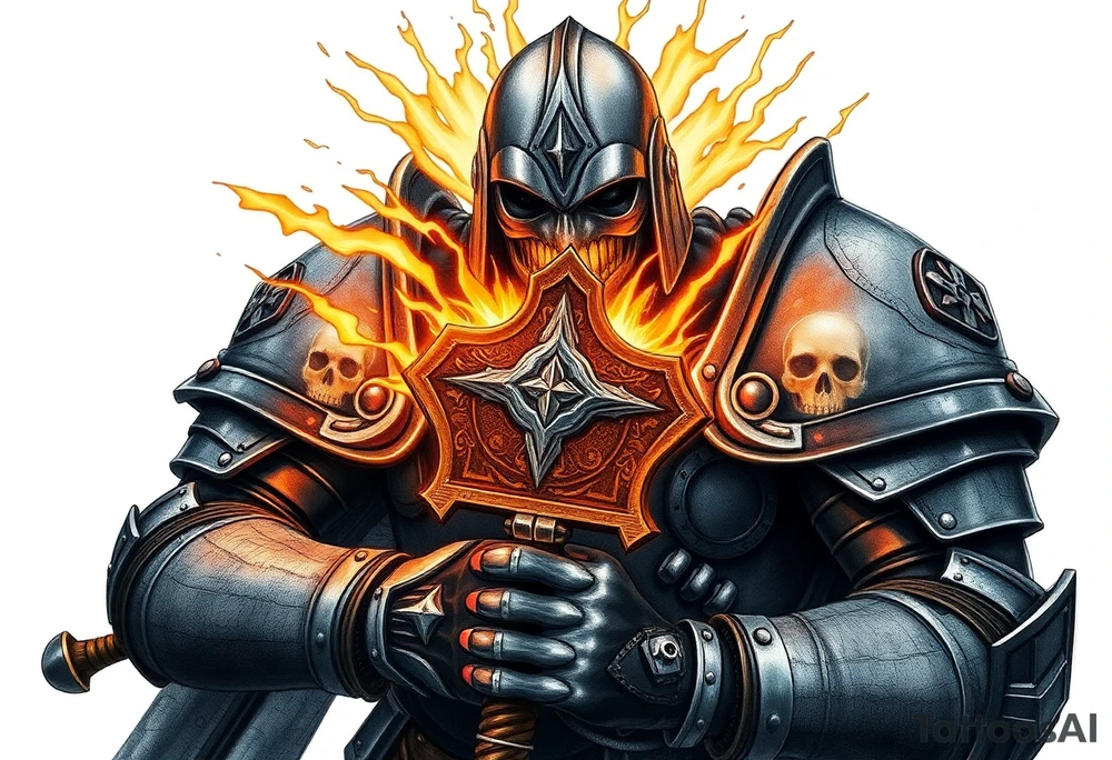Warhammer, the Old World. A warrior priest of Sigmar holding The Warhammer of Sigmar. The Warhammer of Sigmar is radiating thunderous energy. The Warhammer is held by the warrior priest with both gripping hands at the shaft, upon his chest level. The Warrior priest is wearing dark alloyed heavy armour (reference armor from warhammer vermintide 2 Victor Saltzpyres, the warrior priest of Sigmar class) with skull sigils on his shoulder pads. The warrior priest is wearing a helmet, while the helmets front visor has an humanoid metal face covering. The helmet and armour are gladened with hints of gold and crimson red. The Warhammer is silverish and golden with a long shaft with twisted carvings. tattoo idea
