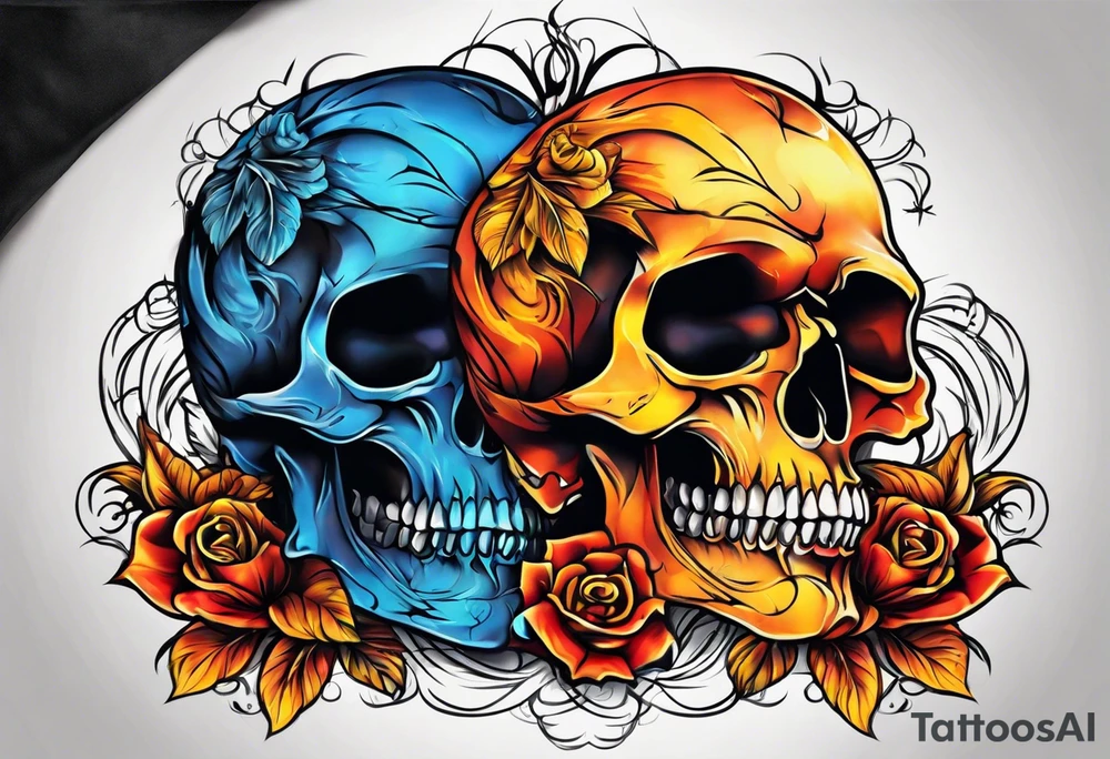 Broken skull red orange yellow blue smoke rope tattoo idea