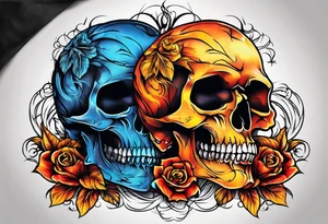 Broken skull red orange yellow blue smoke rope tattoo idea