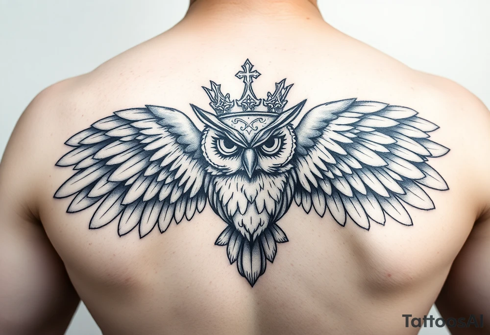 Owl with a king crown with wings spread tattoo idea