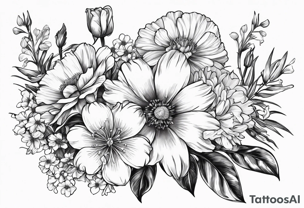 Bouquet of flowers with Two carnations, Two daffodils, One snowdrop, One hawthorn flower, Two honeysuckle blooms, One rose, One chrysanthemum, one cosmos, one marigold, one morning glory, one aster tattoo idea