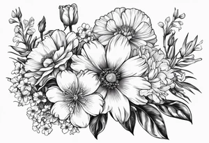 Bouquet of flowers with Two carnations, Two daffodils, One snowdrop, One hawthorn flower, Two honeysuckle blooms, One rose, One chrysanthemum, one cosmos, one marigold, one morning glory, one aster tattoo idea