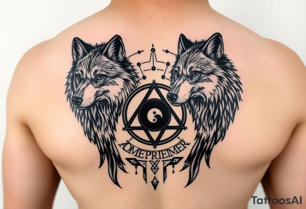 powerful wolfs with a Triskelion also yin and yang and some meaningful stripes tattoo idea