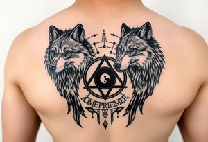 powerful wolfs with a Triskelion also yin and yang and some meaningful stripes tattoo idea