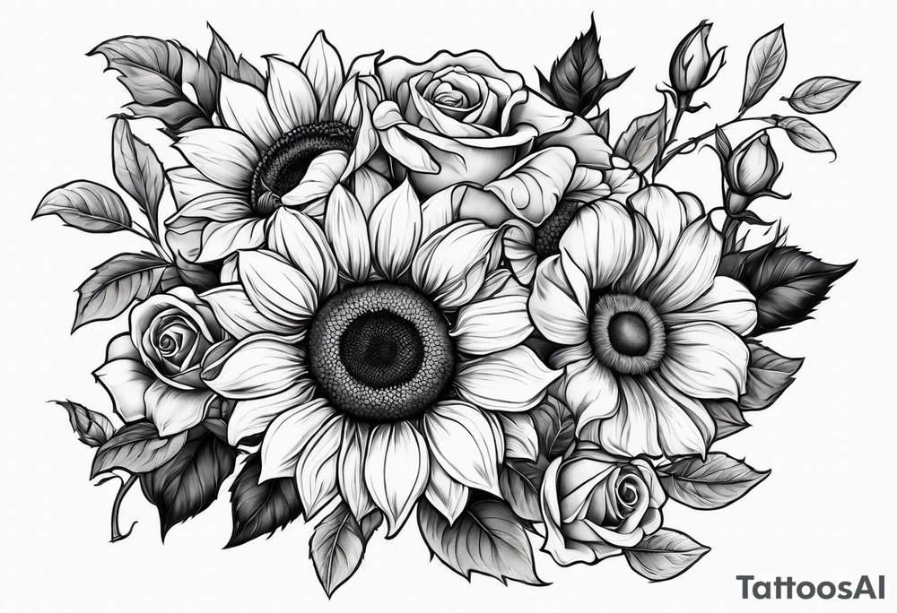 sunflower rose sweet pea bouquet tattoo idea