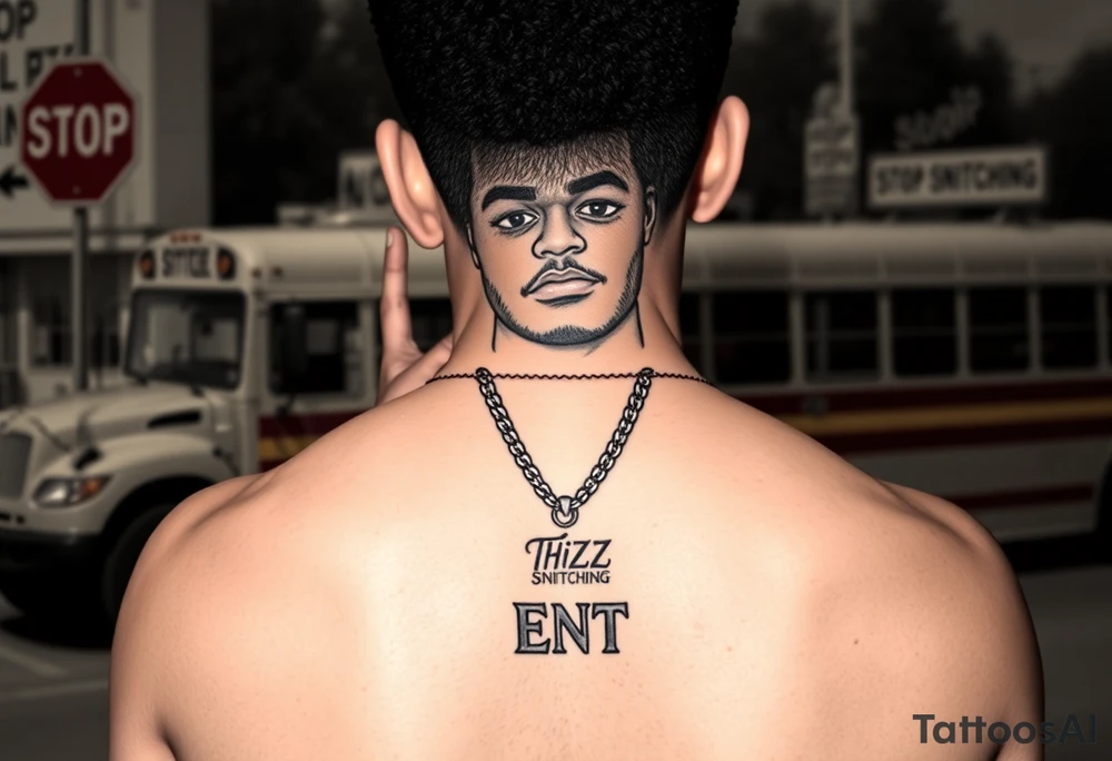 an african american with an afro making a T with his hands standing in front of a short bus stopped at a stop sign that says STOP SNITCHING on it with a chain around his neck that has a pendent that says THIZZ and below that ENT tattoo idea