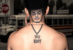 an african american with an afro making a T with his hands standing in front of a short bus stopped at a stop sign that says STOP SNITCHING on it with a chain around his neck that has a pendent that says THIZZ and below that ENT tattoo idea