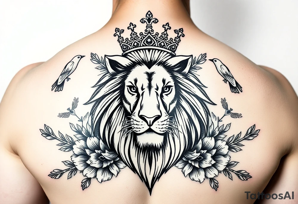 powerful majestic lion with a crown, surrounded by floral ornaments and birds tattoo idea