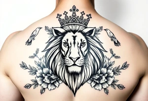 powerful majestic lion with a crown, surrounded by floral ornaments and birds tattoo idea