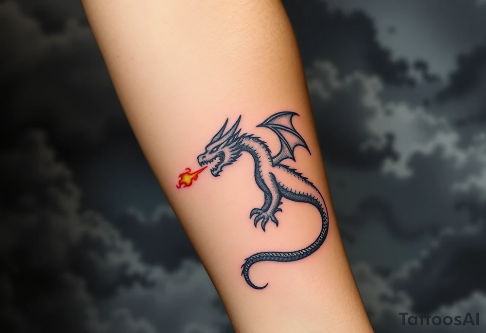 fierce dragon breathing iridescent fire against stormy skies tattoo idea