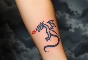 fierce dragon breathing iridescent fire against stormy skies tattoo idea