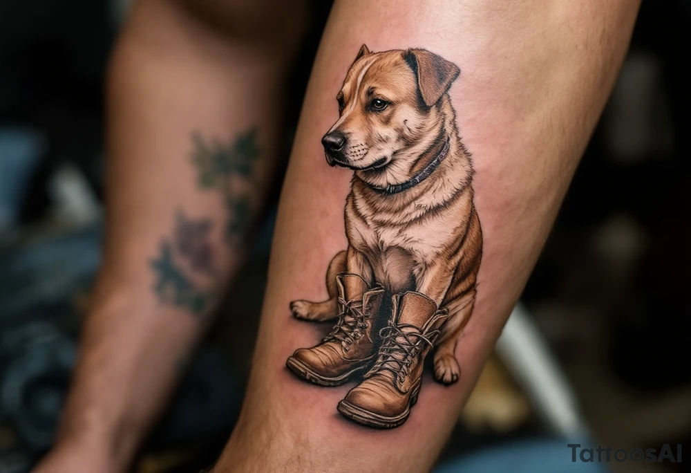 Loyal Companion Design – A calm Stafford sitting beside a pair of worn boots, symbolizing loyalty. Done in sepia tones with muted brown accents. tattoo idea