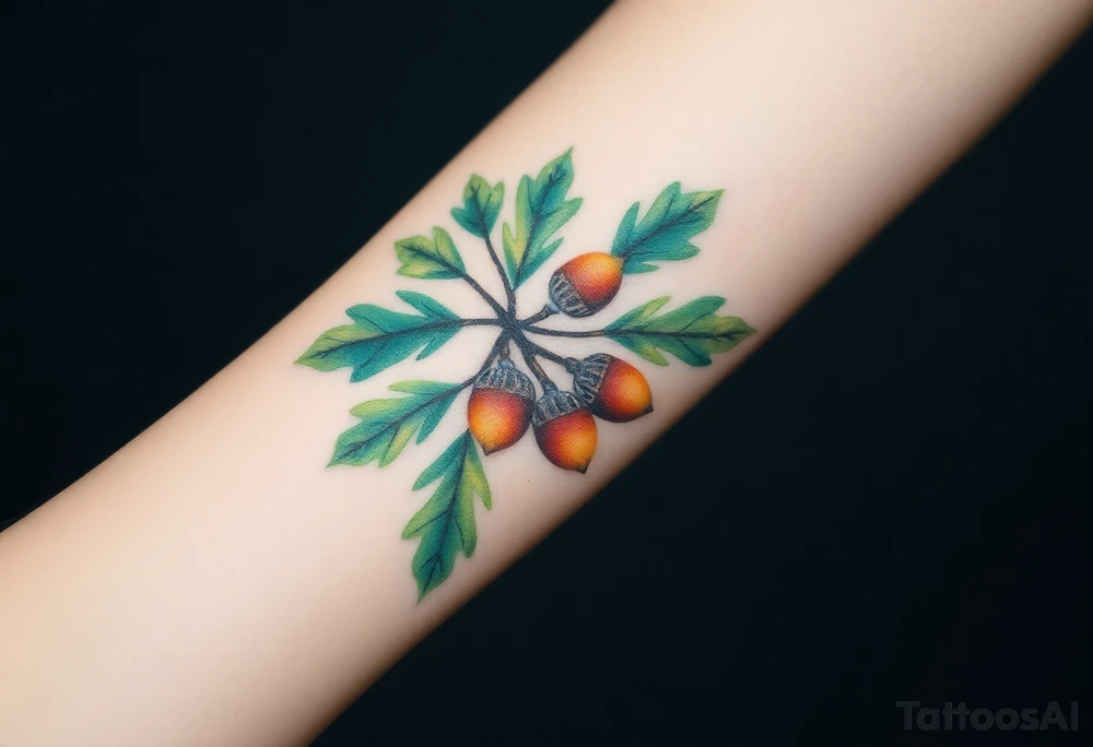 on the forearm an oak branch with thick leaves and acorns tattoo idea