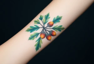 on the forearm an oak branch with thick leaves and acorns tattoo idea