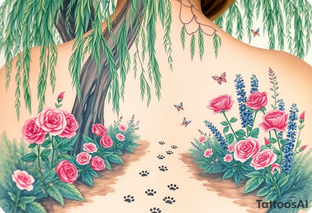 weeping willow garden with roses and liles flower beds. fantasy creatures, fairies, mermiads, dragons butterflies,  cat paw prints path in dirt. tattoo idea