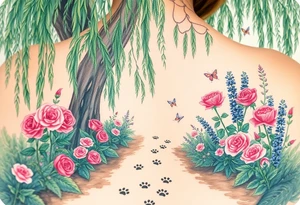 weeping willow garden with roses and liles flower beds. fantasy creatures, fairies, mermiads, dragons butterflies,  cat paw prints path in dirt. tattoo idea