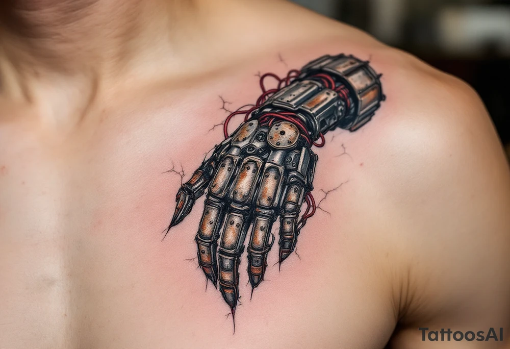 A biomech hand built from rusted iron plates and crimson wires, emerging from beneath cracked human skin. tattoo idea