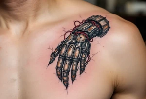 A biomech hand built from rusted iron plates and crimson wires, emerging from beneath cracked human skin. tattoo idea