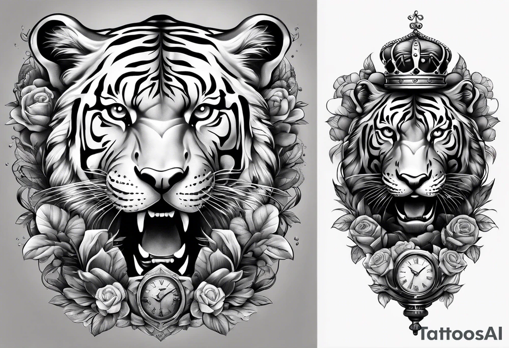King tiger on top of Hour glass with Brain and heart inside
Full detailed sleeve tattoo idea
