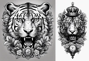 King tiger on top of Hour glass with Brain and heart inside
Full detailed sleeve tattoo idea