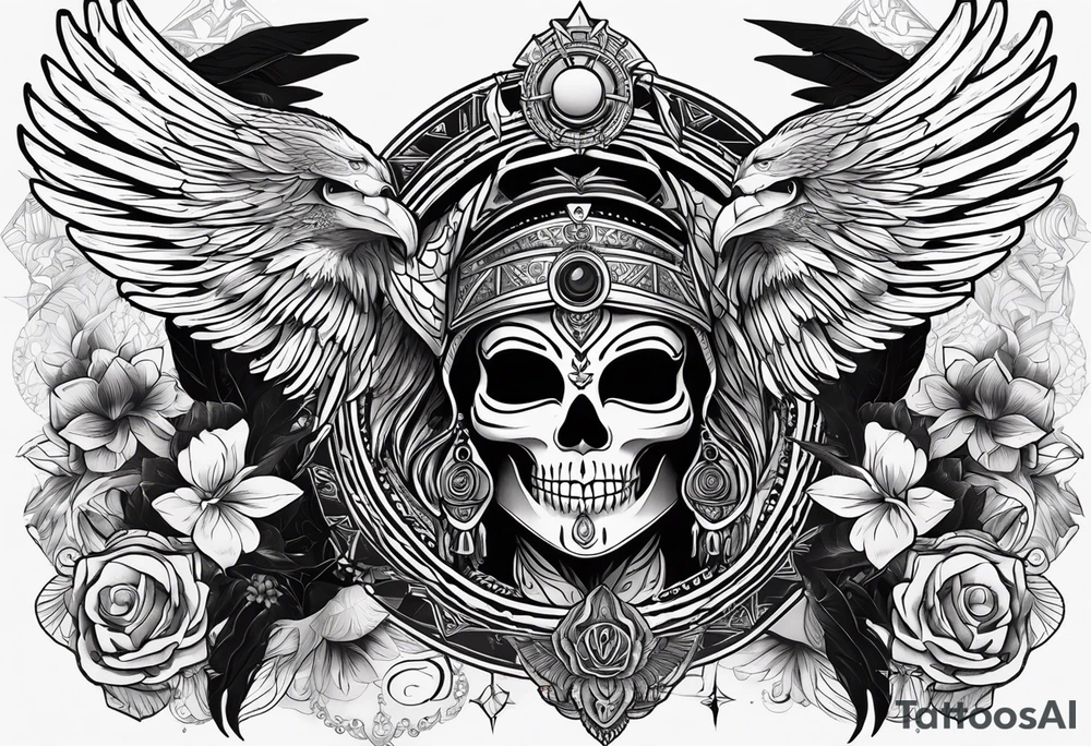 black kali, goddess pirate, alien, pachamama, valkrye, warrior, skull, lotus azul, wing, eagle, zenza resonance, stars, 5D tattoo idea