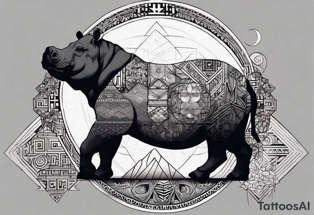 Very asymmetrical, +geometric pattern, with realistic full moon, with hippo at side look, +tribal, +geometric, +inkart , +blackwork, +grey scale, + sketch
with wintersweet flower bud, +inkart touch, +for men, detailed , combined favourite tattoo idea