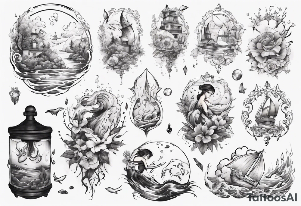 Water themed, romantic couple tattoo idea
