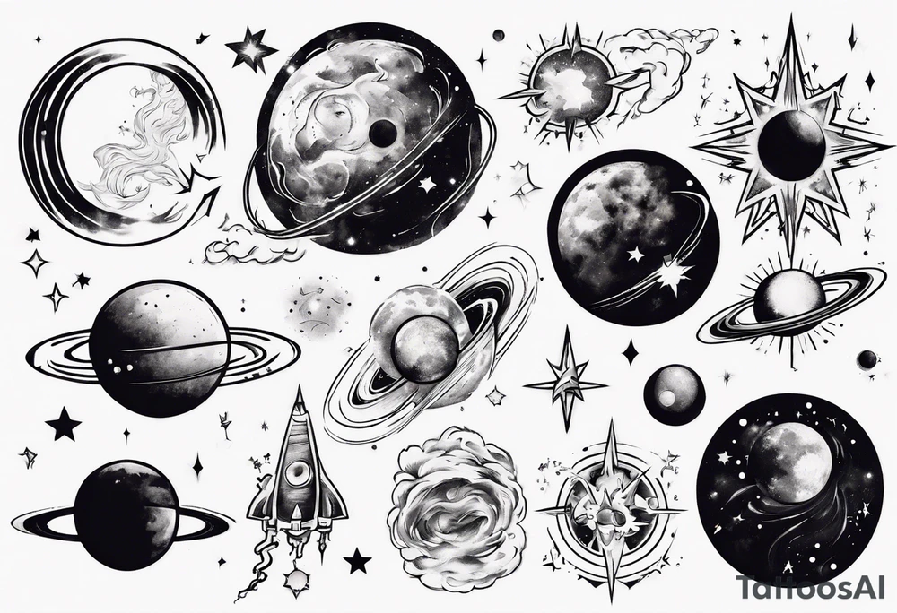 Create a cosmic-themed tattoo that spans my entire chest. Include elements like planets, stars, and galaxies to symbolize the vastness of the universe and create a celestial masterpiece tattoo idea