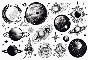 Create a cosmic-themed tattoo that spans my entire chest. Include elements like planets, stars, and galaxies to symbolize the vastness of the universe and create a celestial masterpiece tattoo idea