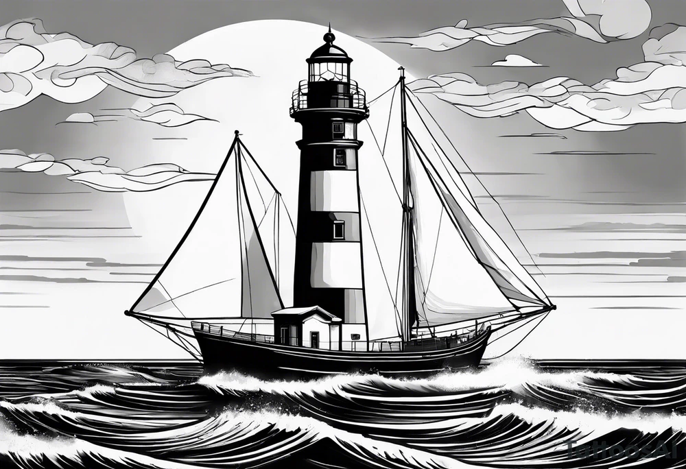maritime lighthouse in a front view sailboat serving as a mast for a sail. tattoo idea