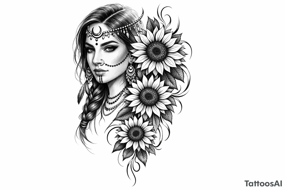 Indian Tribal with 3 cascading sunflowers tattoo idea