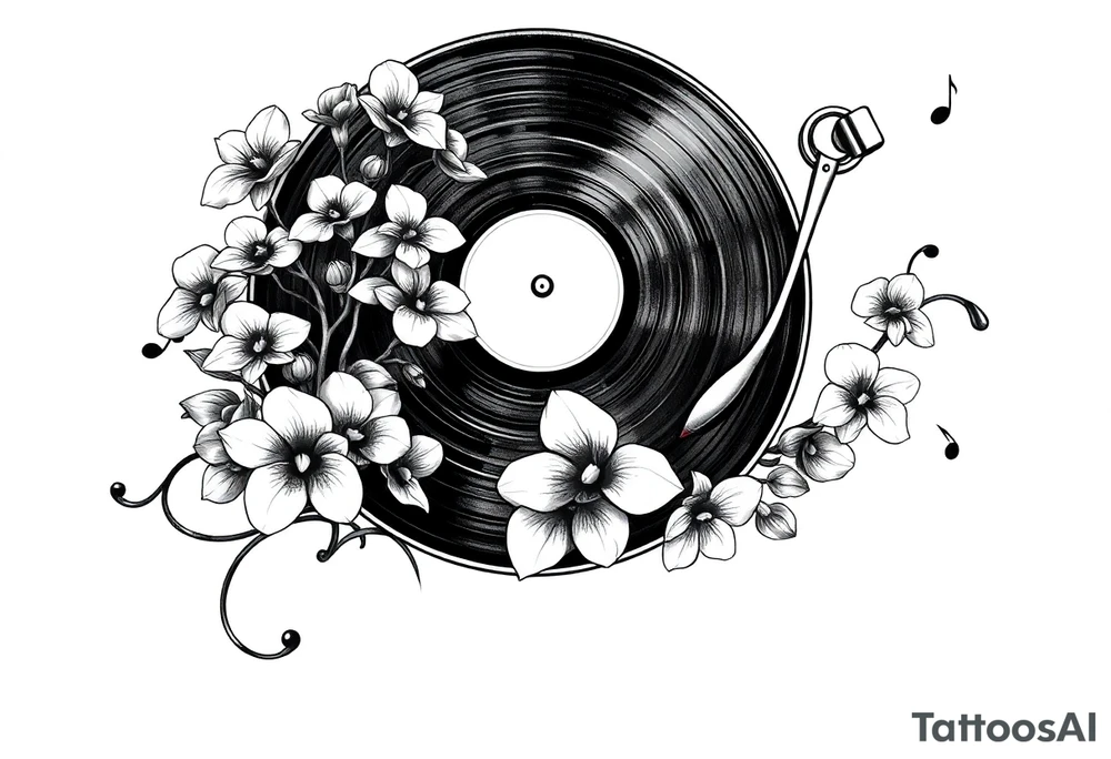 vinyl record player with mushrooms, orchids, and music notes around it tattoo idea