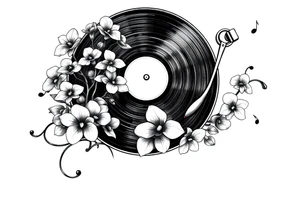 vinyl record player with mushrooms, orchids, and music notes around it tattoo idea