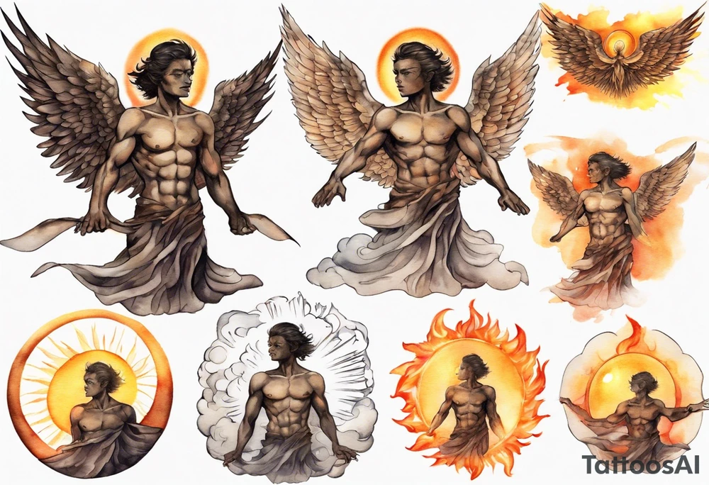 a solitary bronze skinned male angel with glowing eyes in front of a blazing sun tattoo idea