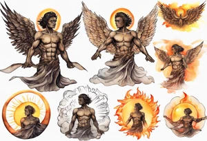 a solitary bronze skinned male angel with glowing eyes in front of a blazing sun tattoo idea