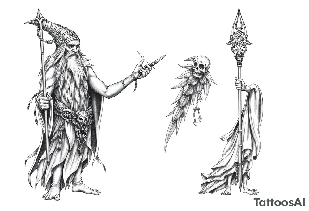 long shaman and witch abstracstyle mytical with ancient rhyme tattoo idea