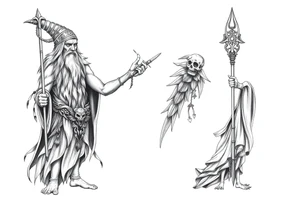 long shaman and witch abstracstyle mytical with ancient rhyme tattoo idea